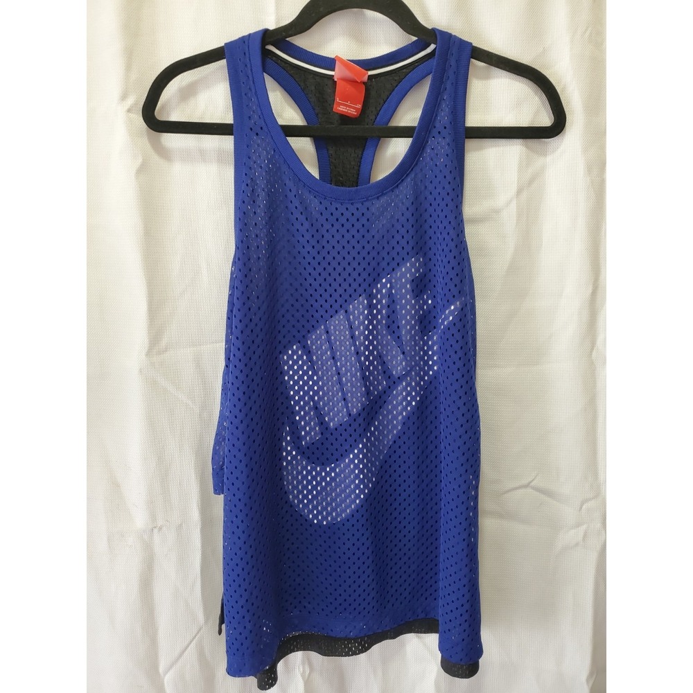 Nike‎ Women's Blue/Black Mesh Sleeveless Tank Small Crew Neck Logo Activewear